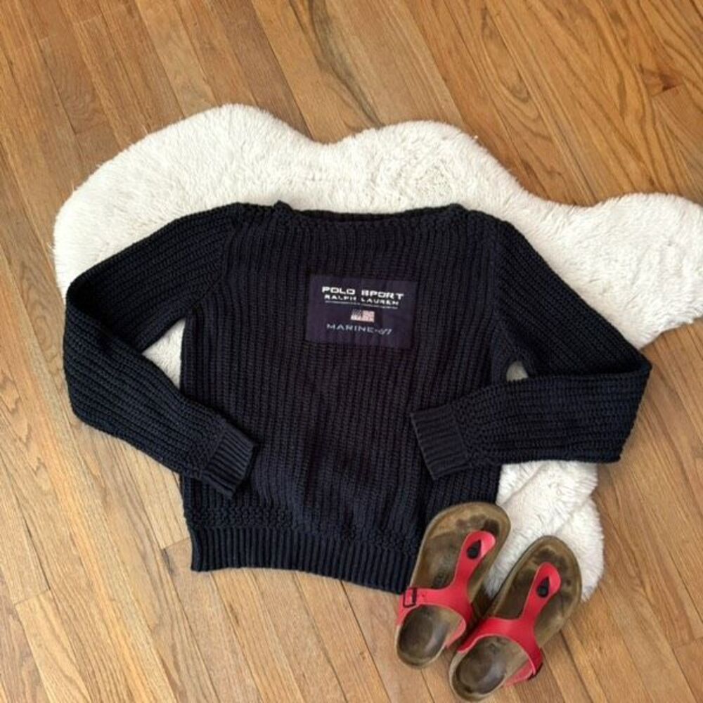 Vintage 90s Ralph Lauren Polo Sport Chunky Knit Navy Sweater Size L